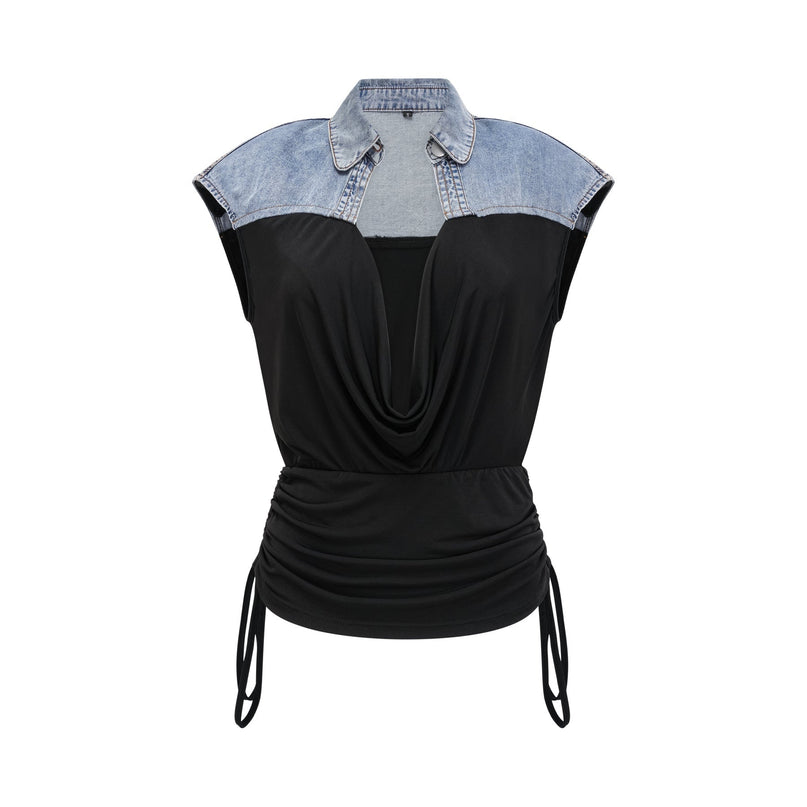 Sophia Blue & Black Draped Panelled Sleeveless Top And Ankle-length Skirt Set