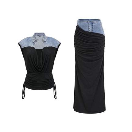 Sophia Blue & Black Draped Panelled Sleeveless Top And Ankle-length Skirt Set