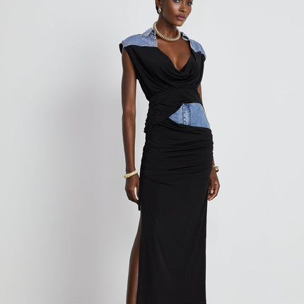 Sophia Blue & Black Draped Panelled Sleeveless Top And Ankle-length Skirt Set