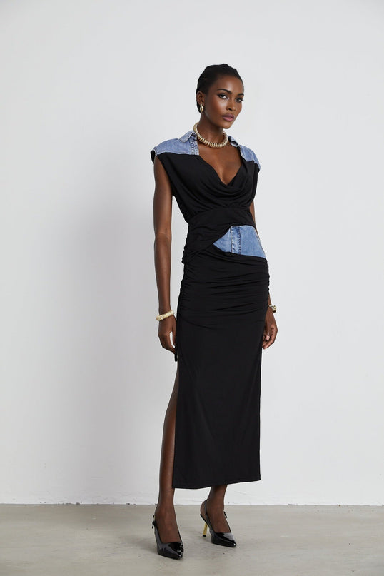 Sophia Blue & Black Draped Panelled Sleeveless Top And Ankle-length Skirt Set