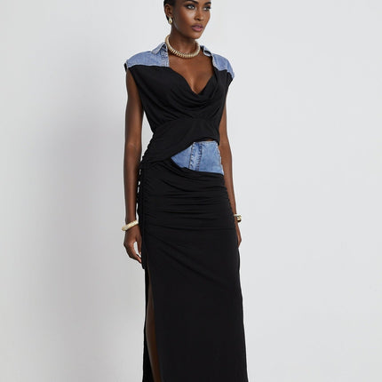 Sophia Blue & Black Draped Panelled Sleeveless Top And Ankle-length Skirt Set