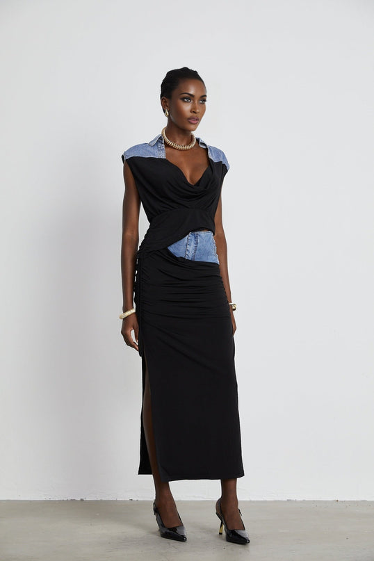 Sophia Blue & Black Draped Panelled Sleeveless Top And Ankle-length Skirt Set