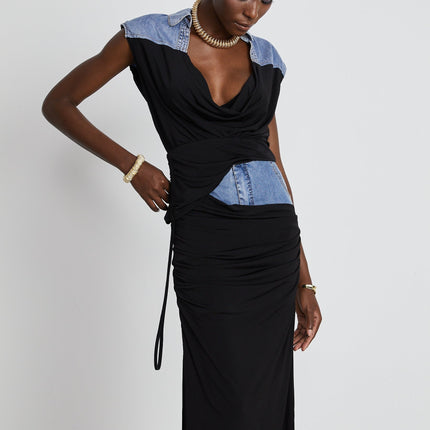 Sophia Blue & Black Draped Panelled Sleeveless Top And Ankle-length Skirt Set