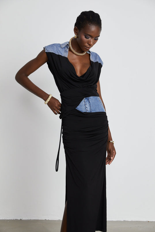 Sophia Blue & Black Draped Panelled Sleeveless Top And Ankle-length Skirt Set