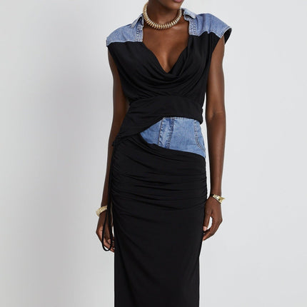 Sophia Blue & Black Draped Panelled Sleeveless Top And Ankle-length Skirt Set