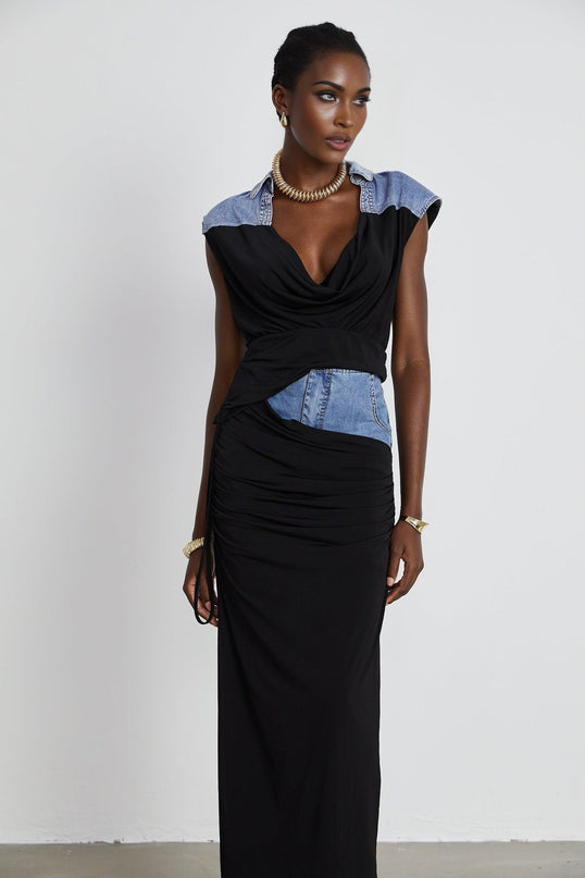 Sophia Blue & Black Draped Panelled Sleeveless Top And Ankle-length Skirt Set