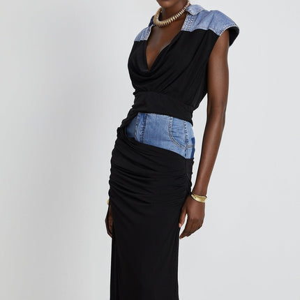 Sophia Blue & Black Draped Panelled Sleeveless Top And Ankle-length Skirt Set