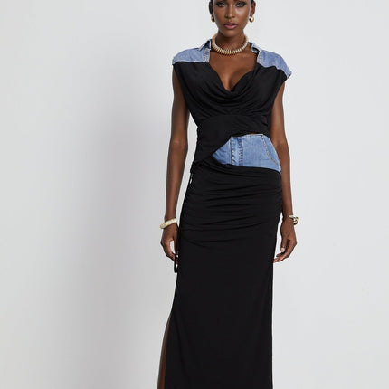 Sophia Blue & Black Draped Panelled Sleeveless Top And Ankle-length Skirt Set