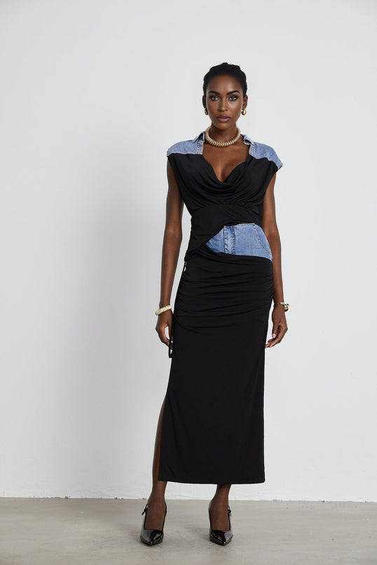 Sophia Blue & Black Draped Panelled Sleeveless Top And Ankle-length Skirt Set
