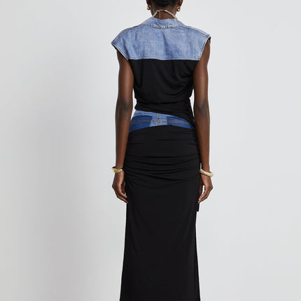 Sophia Blue & Black Draped Panelled Sleeveless Top And Ankle-length Skirt Set