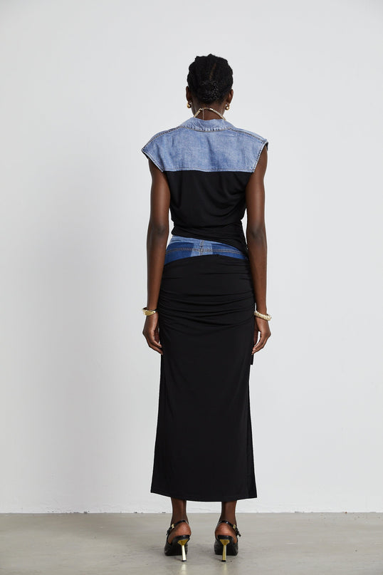 Sophia Blue & Black Draped Panelled Sleeveless Top And Ankle-length Skirt Set