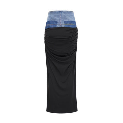 Sophia Blue & Black Draped Panelled Sleeveless Top And Ankle-length Skirt Set
