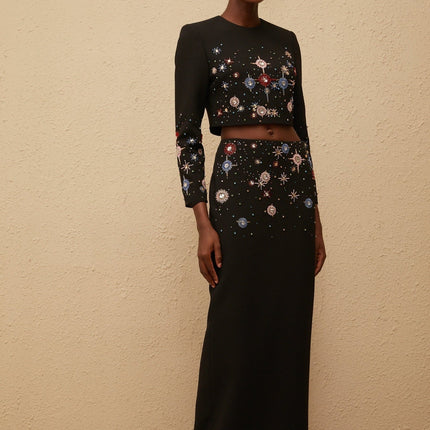 Sophia wearing Etoile Black Embellished Top and Skirt Set