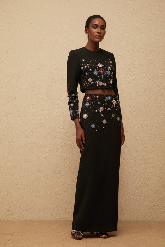 Sophia wearing Etoile Black Embellished Top and Skirt Set