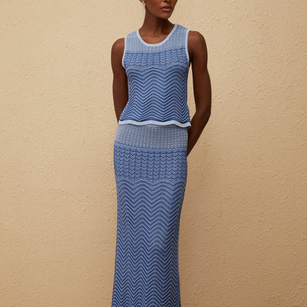 Sophia wearing Graphique Blue Crochet Knit Top & Skirt Co-ord
