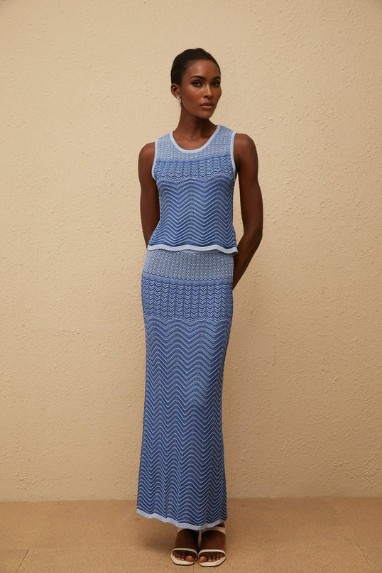 Sophia wearing Graphique Blue Crochet Knit Top & Skirt Co-ord