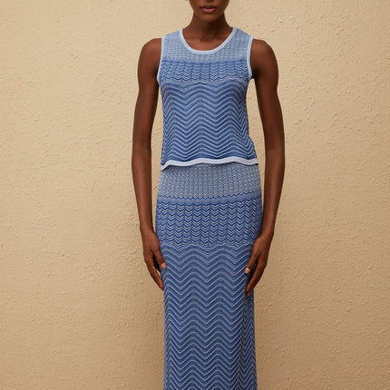 Sophia wearing Graphique Blue Wavy Crochet Knit Top & Skirt Co-ord