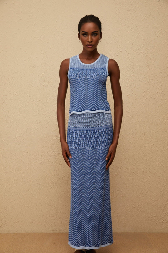 Sophia wearing Graphique Blue Wavy Crochet Knit Top & Skirt Co-ord