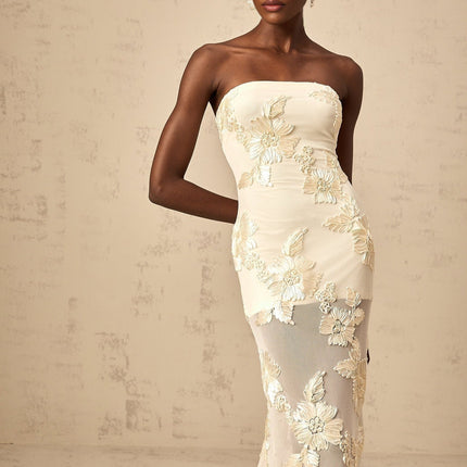 Sophia Off-shoulder Gown in Apricot Floral Embroidery Sleeveless Maxi Dress