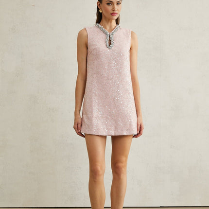 Sophia Pink Sequin Tweed V Neck Hem Mini Dress