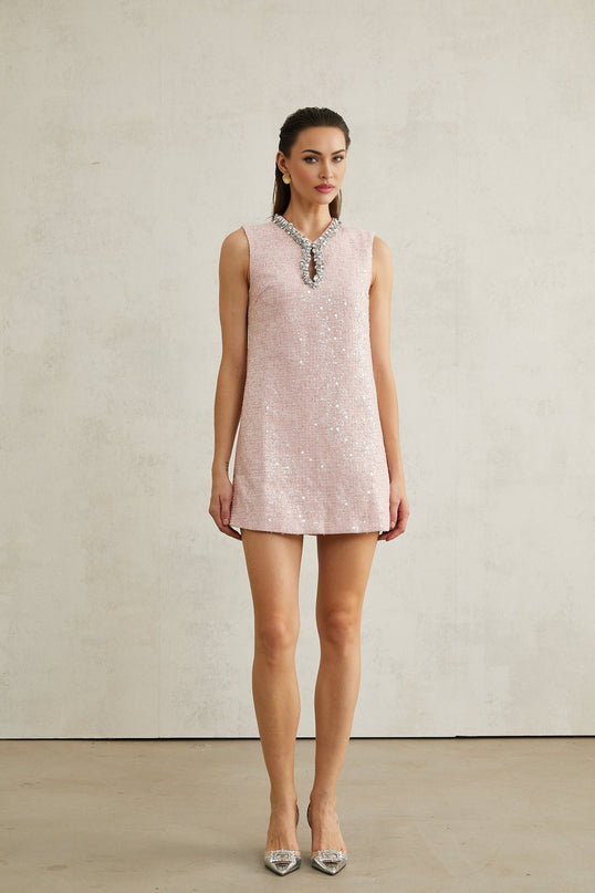 Sophia Pink Sequin Tweed V Neck Hem Mini Dress