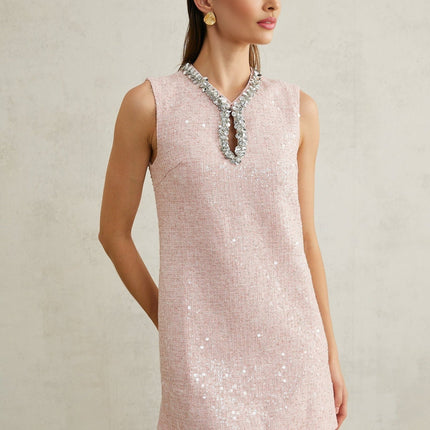 Sophia Pink Sequin Tweed V Neck Hem Mini Dress