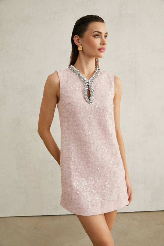 Sophia Pink Sequin Tweed V Neck Hem Mini Dress
