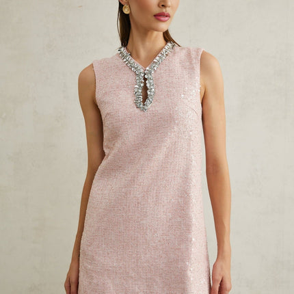 Sophia Pink Sequin Tweed V Neck Hem Mini Dress