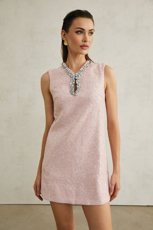 Sophia Pink Sequin Tweed V Neck Hem Mini Dress