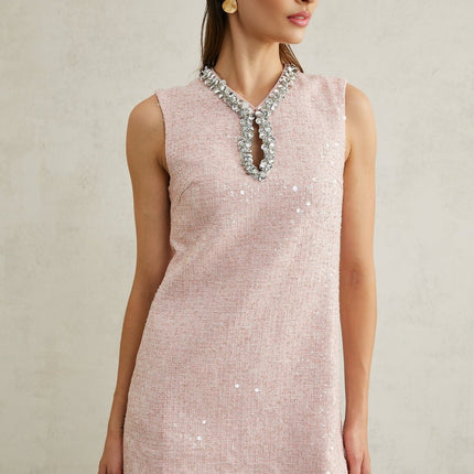Sophia Pink Sequin Tweed V Neck Hem Mini Dress