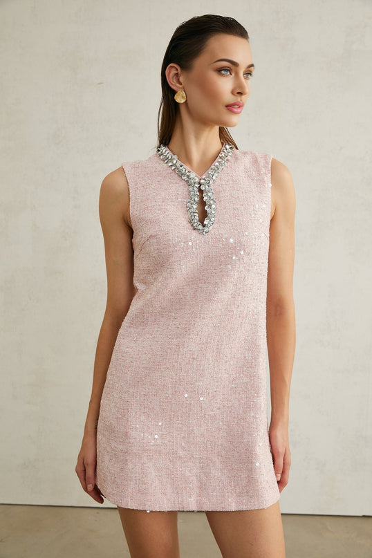 Sophia Pink Sequin Tweed V Neck Hem Mini Dress