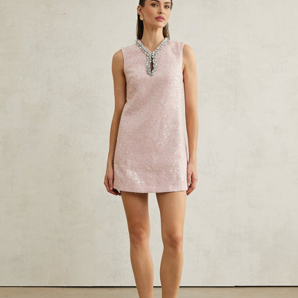 Sophia Pink Sequin Tweed V Neck Hem Mini Dress