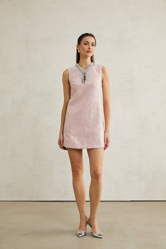 Sophia Pink Sequin Tweed V Neck Hem Mini Dress