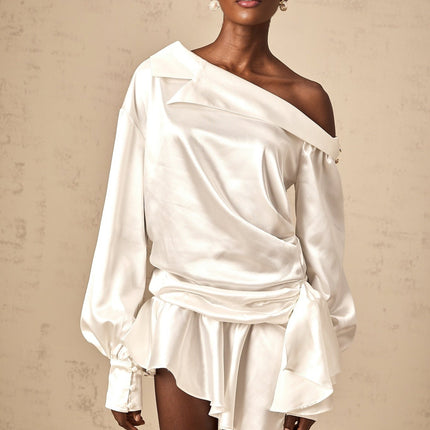 Sophia White Satin Mini Dress with One-Shoulder Design and Puff Sleeves