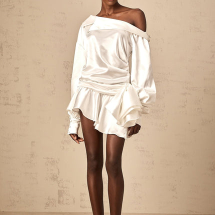 Sophia White Satin One Shoulder Mini Dress with Puff Sleeves and Cinched Waist