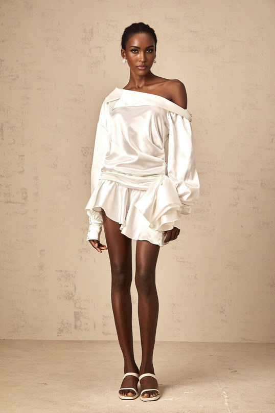 Sophia White Satin One Shoulder Mini Dress with Puff Sleeves and Cinched Waist