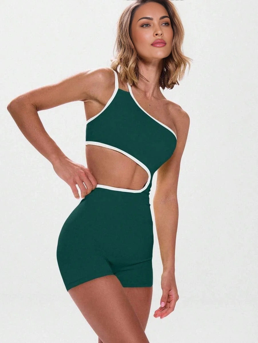 Sport Asymmetrical Neck Contrast Trim Cut Out Unitard Active Workout Gym Padel Tennis Pickleball