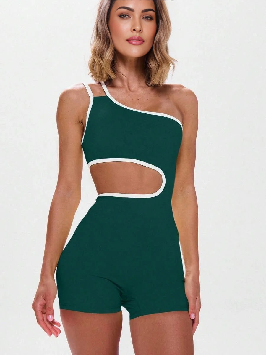 Sport Asymmetrical Neck Contrast Trim Cut Out Unitard Active Workout Gym Padel Tennis Pickleball