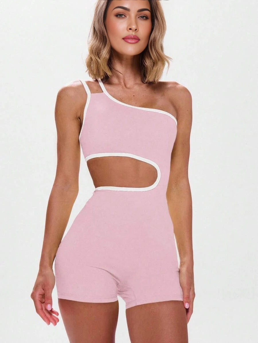 Sport Asymmetrical Neck Contrast Trim Cut Out Unitard Active Workout Gympadel Tennis Pickleball Gym