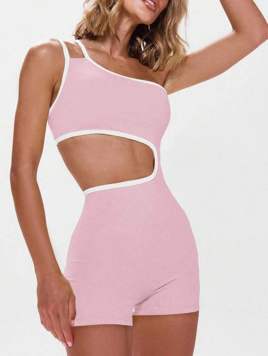 Sport Asymmetrical Neck Contrast Trim Cut Out Unitard Active Workout Gympadel Tennis Pickleball Gym