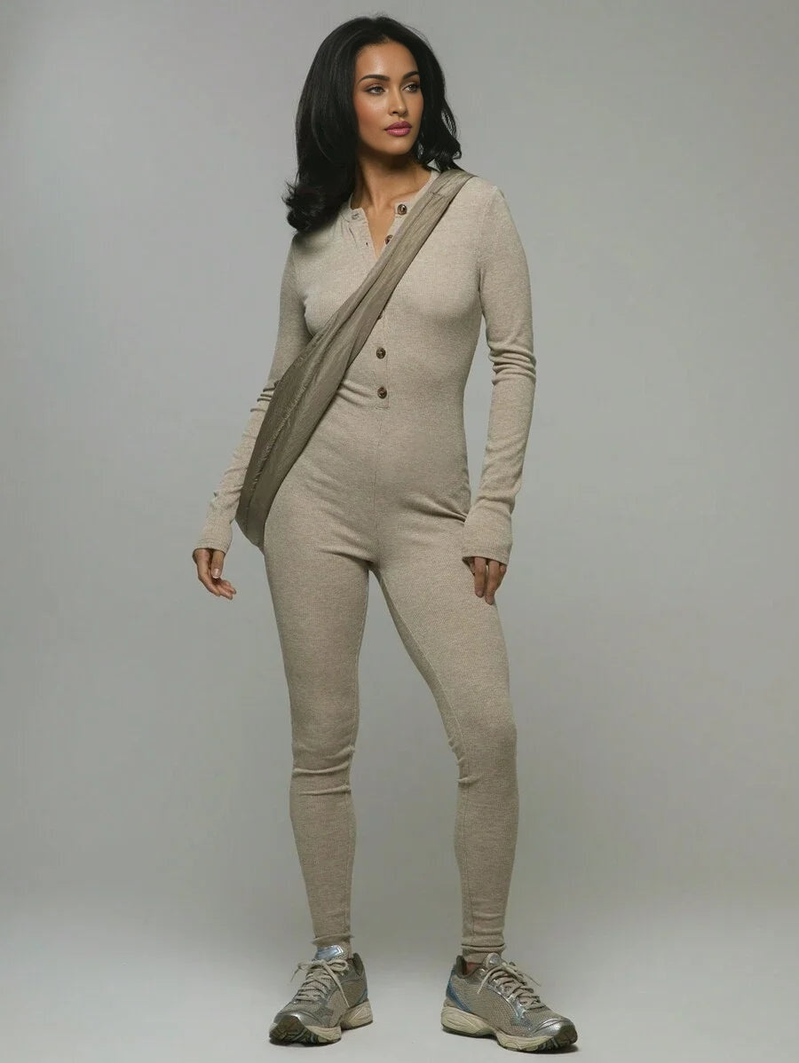 Sport Button Front Ribbed Jumpsuit Padel Tennis Pickleball Gym Fitness