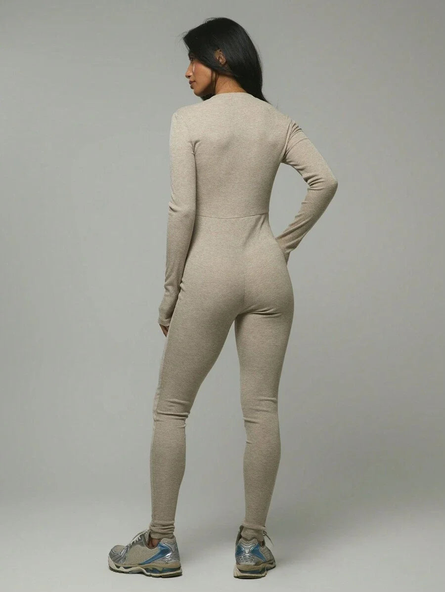 Sport Button Front Ribbed Jumpsuit Padel Tennis Pickleball Gym Fitness