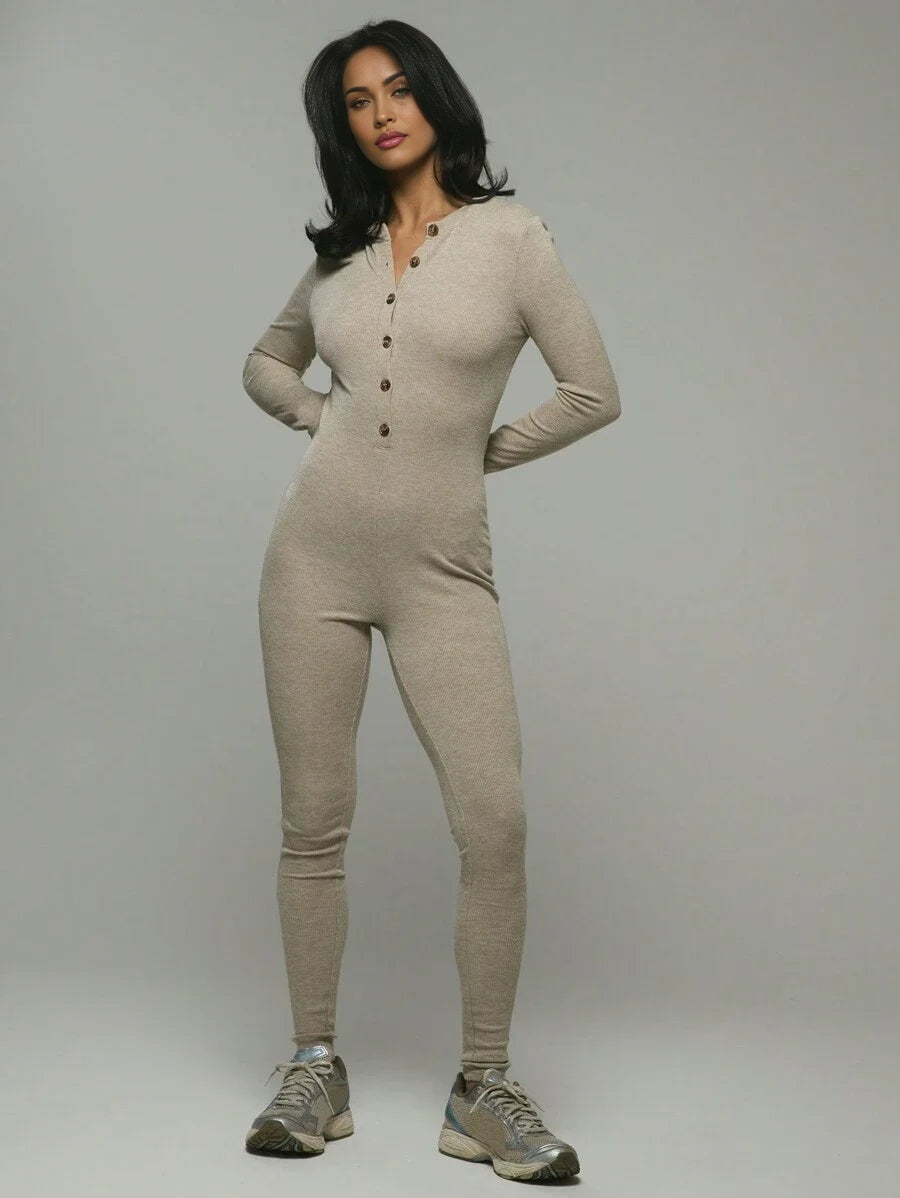 Sport Button Front Ribbed Jumpsuit Padel Tennis Pickleball Gym Fitness