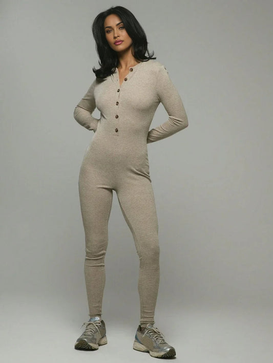 Sport Button Front Ribbed Jumpsuit Padel Tennis Pickleball Gym Fitness