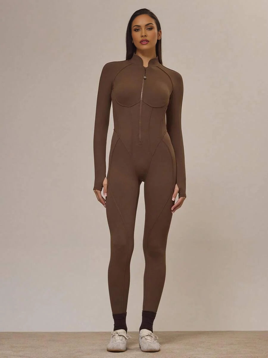 Sport Contour Piping Open Back Zip Through Fitted Jumpsuit Active Sports Workout Fall Autumn Cute