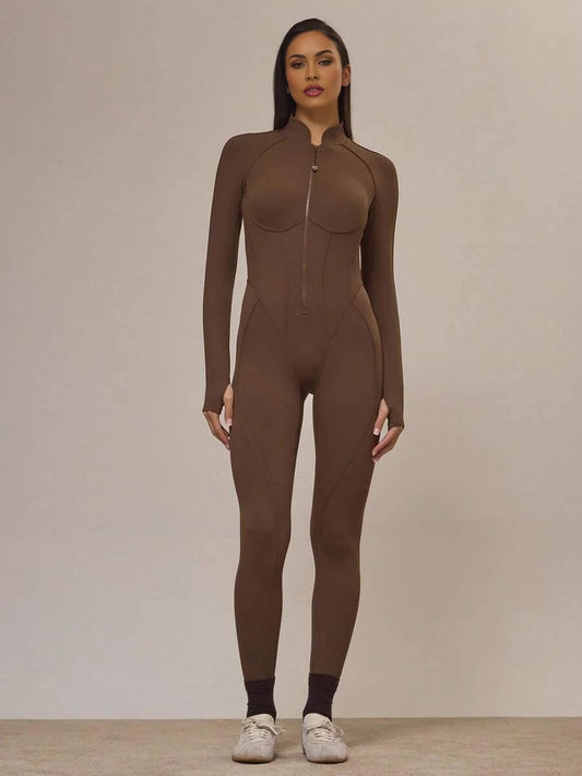 Sport Contour Piping Open Back Zip Through Fitted Jumpsuit Active Sports Workout Fall Autumn Cute