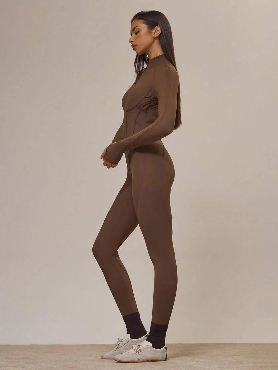 Sport Contour Piping Open Back Zip Through Fitted Jumpsuit Active Sports Workout Fall Autumn Cute