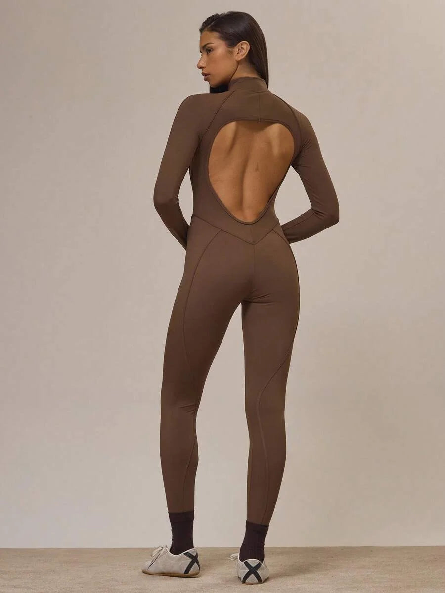 Sport Contour Piping Open Back Zip Through Fitted Jumpsuit Active Sports Workout Fall Autumn Cute