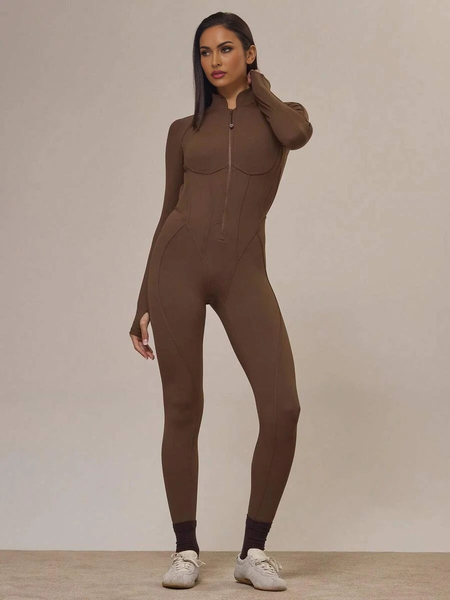 Sport Contour Piping Open Back Zip Through Fitted Jumpsuit Active Sports Workout Fall Autumn Cute