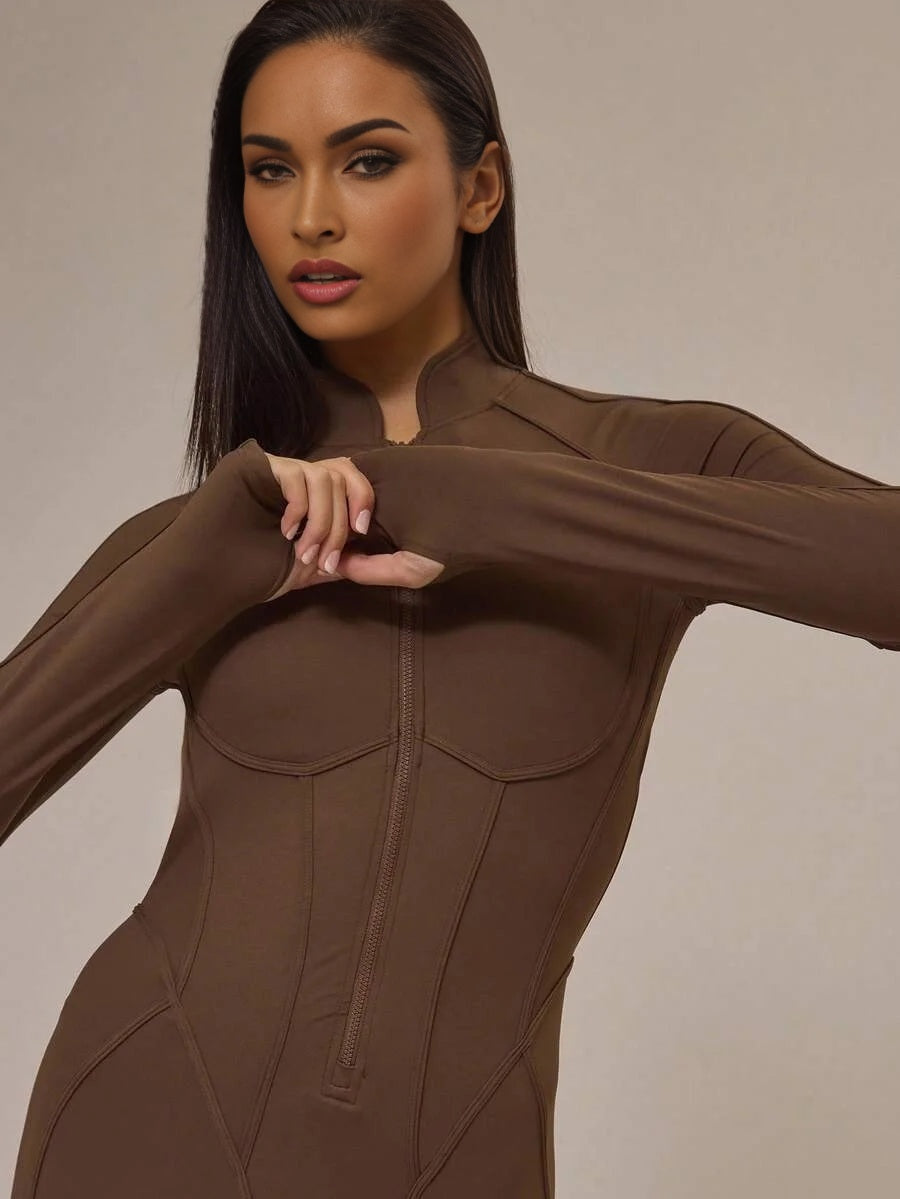 Sport Contour Piping Open Back Zip Through Fitted Jumpsuit Active Sports Workout Fall Autumn Cute